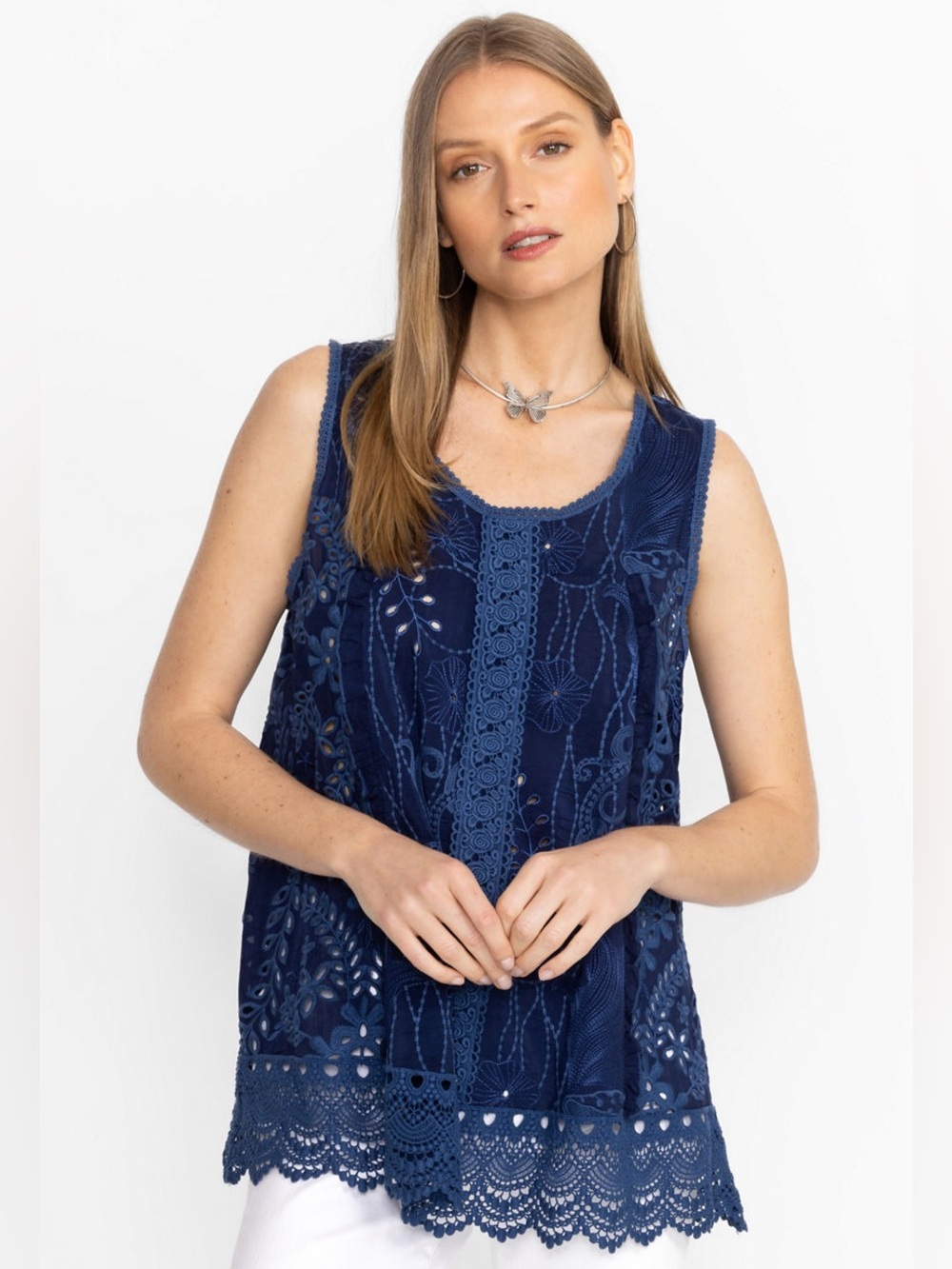 Johnny Was Yalladira Tsion Navy Blue Eyelet Embroidered Sleeveless Top Women’s L